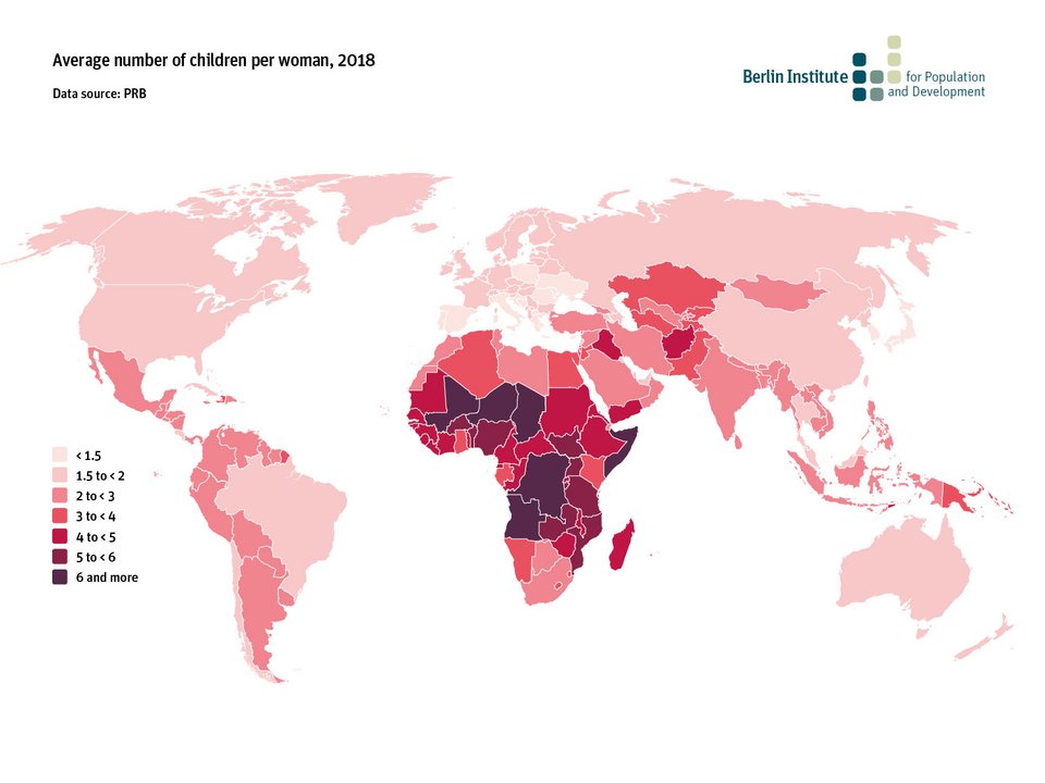 Average number of children per woman, 2018