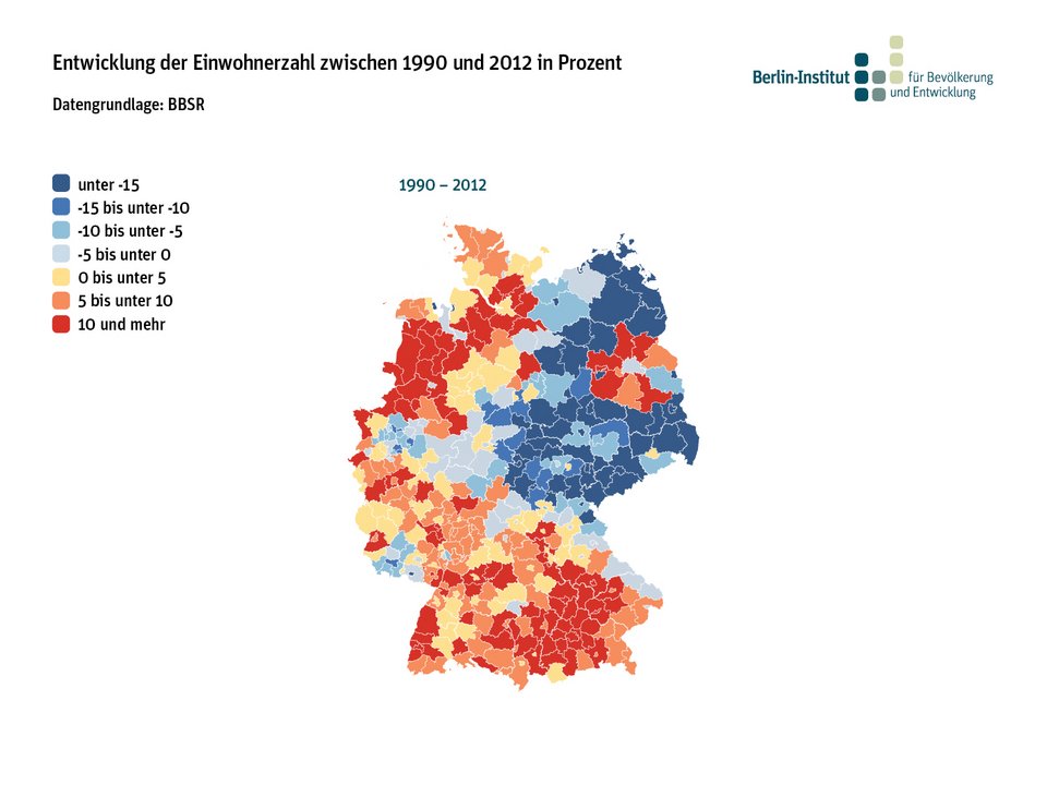 Entwicklung der Einwohnerzahl zwischen 1990 und 2012
