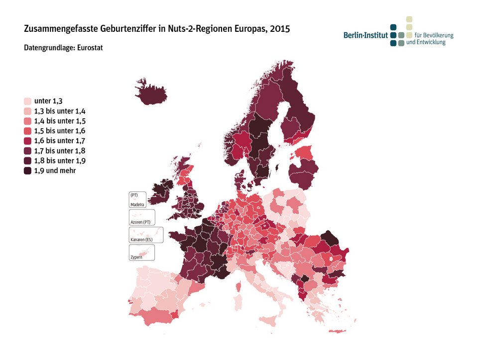 Zusammengefasste Geburtenziffer in Nuts-2-Regionen Europas, 2015