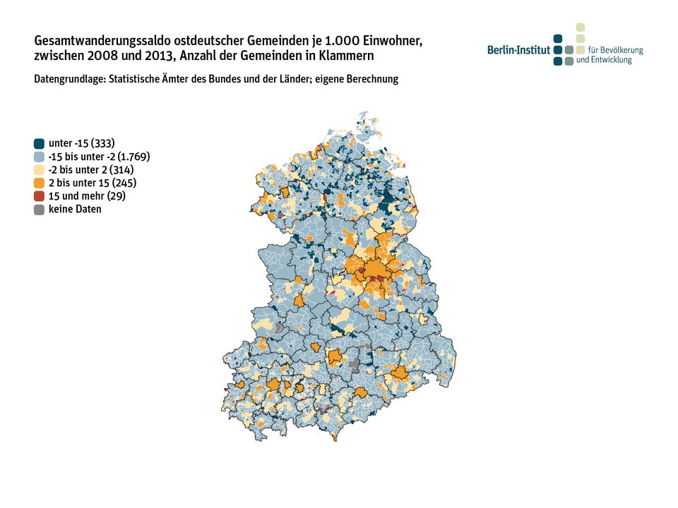 Gesamtwanderungssaldo ostdeutscher Gemeinden je 1.000 Einwohner, zwischen 2008 und 2013