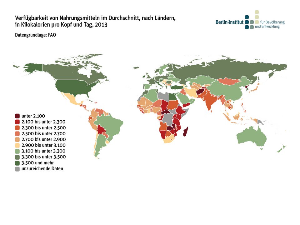 Verfügbarkeit von Nahrungsmitteln im Durchschnitt, nach Ländern in Kilokalorien pro Kopf und Tag, 2013