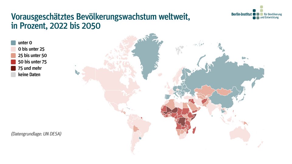Vorausgeschätztes Bevölkerungswachstum weltweit, in Prozent, 2022 bis 2050