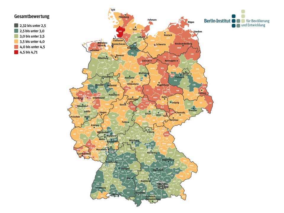 Gesamtbewertung der kreise und kreisfreien Städte im Ranking des Berlin-Instituts